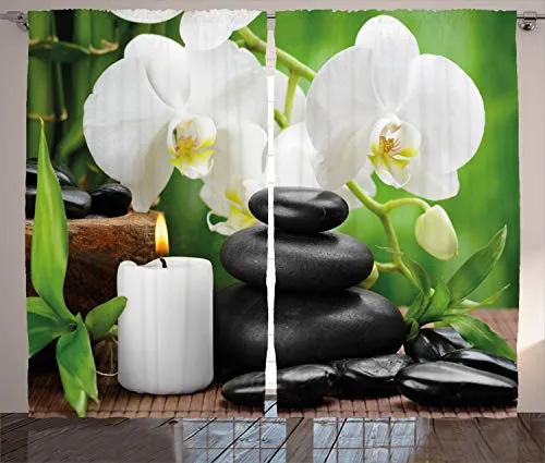 ABAKUHAUS Spa Rustikaler Gardine, Orchideen Zen Steine Natur, Schlafzimmer Kräuselband Vorhang mit Schlaufen und Haken, 280 x 260 cm, Weiß Anthrazit grau Grün
