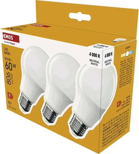 EMOS LED-Lampe BASIC A60, 3er Pack, E27 Sockel, Neutralweiß, 806 lm, 8,8W (Ersatz für 60W Glühbirne), Lebensdauer 20 000 Stunden, ZL5F48.3