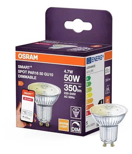 OSRAM SMART LED Spot PAR16 Reflektor GU10, 4.7W ZigBee 3.0, dimmbar 2700K warmweiß, App Steuerung, Alexa, Smart Home, Weiß