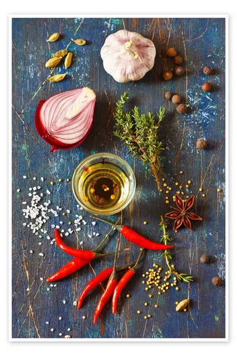 Posterlounge Poster Editors Choice, Gewürze und Kräuter auf Holz, Küche Mediterran Fotografie