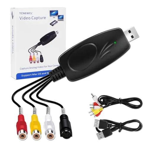 TCNEWCL Video Capture Card USB 2.0 Video Grabber Überträgt Hi8 VHS auf Digital DVD für Windows 10/Mac, mit AV-Verlängerungskabel, EIN-Knopf-Videorecorder-Bearbeiten, Speichern und auf DVD Brennen