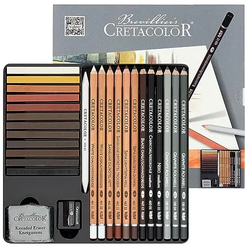 Produktbild CRETACOLOR Skizzierset 27-teilig, inkl. Radiergummi und Spitzer, ideale Grundausstattung, weicher und satter Abstrich, im robusten Metalletui, für Einsteiger und Profis