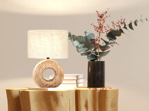 Tischlampe mit LED dimmbar - Keramikfuß in Holzoptik - Nachttischlampe im Skandi Design mit dimmbarer LED, sorgt für gemütliche Atmosphäre und passt perfekt ins Schlafzimmer oder Wohnzimmer.