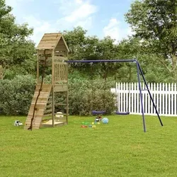vidaXL Spielturm aus imprägniertem Kiefernholz - Entdecke den vidaXL Spielturm für unendlichen Spielspaß im eigenen Garten! Mit Kletterwand, Schaukeln und Sandkasten bietet er zahlreiche Abenteuer für Kinder von 3-8 Jahren.