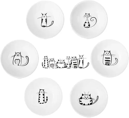 BigNoseDeer Super süße Katze Keramik-Soße, Miniseite Gewürzschale, Gewürzgerichte, Sushi-Soja-Eintauchschale, Snack-Serviergeschirr, Miau-Porzellan Kleines Untertassen-Set (6er-Set)