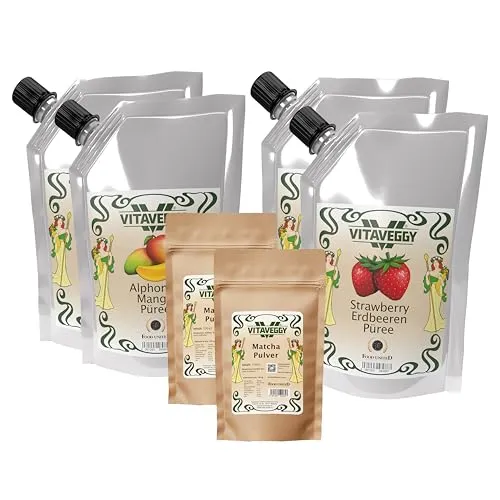 Food-United Matchapulver 100g, Erdbeer- & Mangofruchtpüree Set 1kg aus 100% echten Früchten, für Iced Erdbeer Matcha Latte, Matcha Cappuccinos & Latte Macchiatos, ohne künstliche Zusatzstoffe (2)