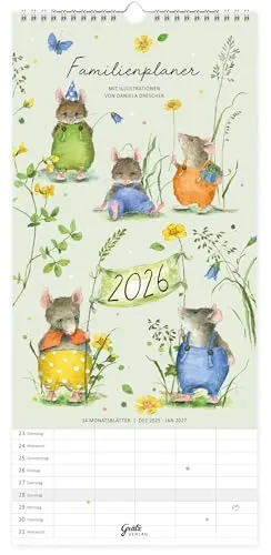 Familienplaner Mäuseparty 2026: Giesbert - Digitale Kunst für die ganze Familie, kreativer Planer mit fröhlichen Mäusemotiven für eine organisierte und bunte Planung des Jahres.