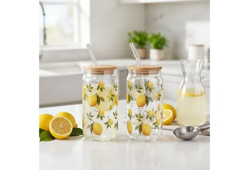 Levandeo® Glas, 2er Set Trinkglas 500ml Zitronen Strohhalm Bambusdeckel Trinkbecher