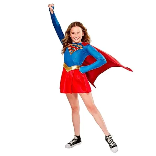 Rubies Offizielles DC Comics Supergirl Kostüm für Mädchen - Deluxe Kostüm mit Kleid und Umhang, ideal für Halloween. Offiziell lizenziertes Produkt, getestet nach europäischen Standards. Größe L für 8-10 Jahre.
