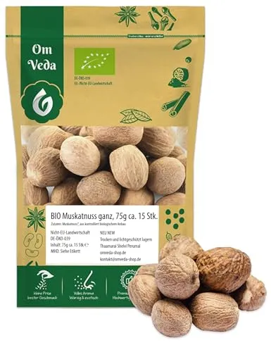 BIO Muskatnuss 15 Stück | Ganze Muskatnüsse aus Sri Lanka | Für Gewürzmühle Reibe | BIO-Qualität handverlesen | Organic Nutmeg | OmVeda