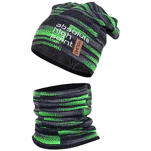 Smarilla Wintermütze Strickmütze Strickschal 2er Set Winterset Jungen Kinder 6-12 Jahre, Farbe: Grün-Grau