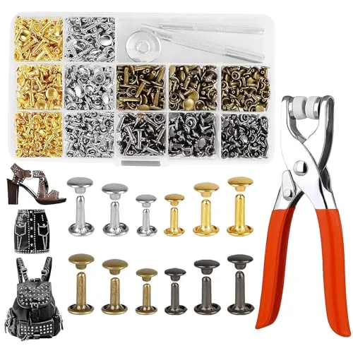 OdiuK 360 Set Leder Nieten Set, Doppelkappe Hohlnieten mit Bohrwerkzeuge und Zangen 12mm 8mm 6mm Ledernieten, Nieten für Leder hohlnieten Set für DIY Lederhandwerk Kleidung Dekoration, 4 Farben
