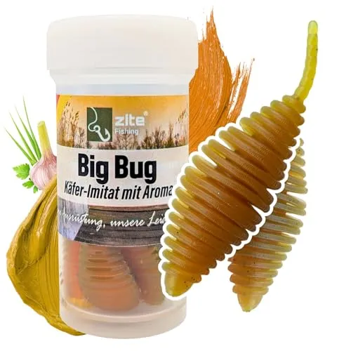 Zite Fishing Big Bug Forellenköder Gummi | Käfer-Imitat 5 cm 8 Stück | Knoblauch & Käse Flavour | Made in Germany | Phthalatfrei | UL Twitchköder am Tungsten Jighaken (Peachy Knoblauch)