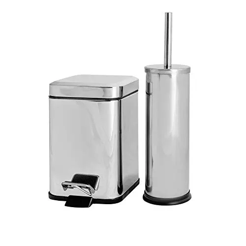 Harbour Housewares 3L Badezimmer-Mülleimer und Bürsten-Set - Chrom - 2-teiliger quadratischer Treteimer aus rostfreiem Stahl und rundes Toilettenbürsten-Set, schlanker Kleiner Mülleimer