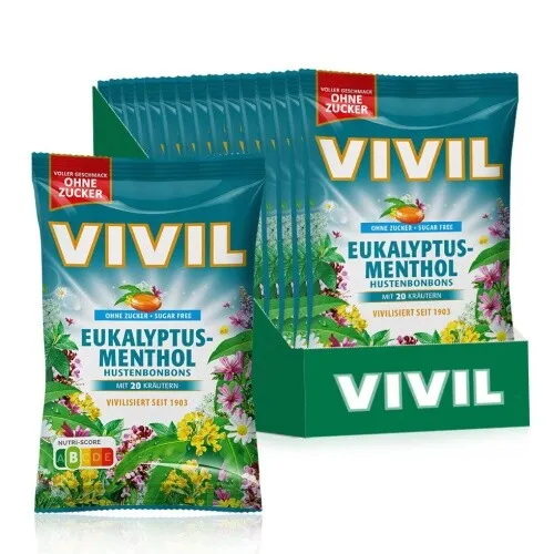 VIVIL Eukalyptus-Menthol Hustenbonbons ohne Zucker | 15 Beutel x 120g