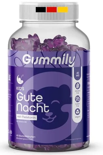 Gummily® Schlaf Melatonin Gummibärchen - 0.5 mg Melatonin für Kinder, 180 g - Die Gummily Gute Nacht Gummibärchen bieten eine praktische Einschlafhilfe für Kinder. Jedes Gummibärchen enthält 0,5 mg Melatonin und ist in einer leckeren, zuckerfreien Blaubeer-Variante erhältlich. Ideal für die abendliche Routine.