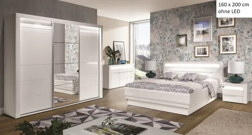 QMM TraumMöbel Schlafzimmer-Set Schlafzimmer komplett Iris Set C 160x200 / 180x200 LED, (Set, 4-tlg., Schiebetürschrank mit LED, Doppelbett 160/180x200, 2 Nachttische), mit LED-Beleuchtung
