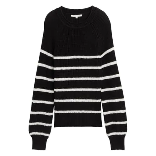 TOM TAILOR Denim Strickpullover, placed black white stripe - Stylischer Strickpullover für Frauen in Größe M (38), taillenbedeckend, mit elastischer Strick-Qualität für Bewegungsfreiheit und Wärme.