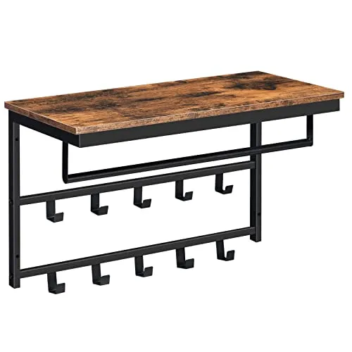 HOOBRO Wandgarderobe mit Ablage, Wandregal mit 10 Haken und Stangen, Wandmontiertes Hängeregal, 60 x 30 x 42 cm, für Flur, Wohnzimmer, Schlafzimmer, Badezimmer, Industriestil EBF60YM01