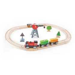 Hape E3731 Frachtlieferung-Eisenbahn - Holzeisenbahn-Set mit Batterielok, Kran und 19 Teilen für kreatives Spielen. Robustes Buchenholz, elektrisch angetrieben und kompatibel mit anderen Hape Eisenbahn-Sets.