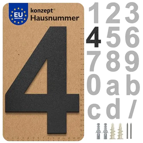 KONZEPT Hausnummer in Schwarz, Nummer 4, für Tür, Gebäude, Zimmer, aus massiven Stahl, mit witterungsbeständiger Zink- und Pulverbeschichtung