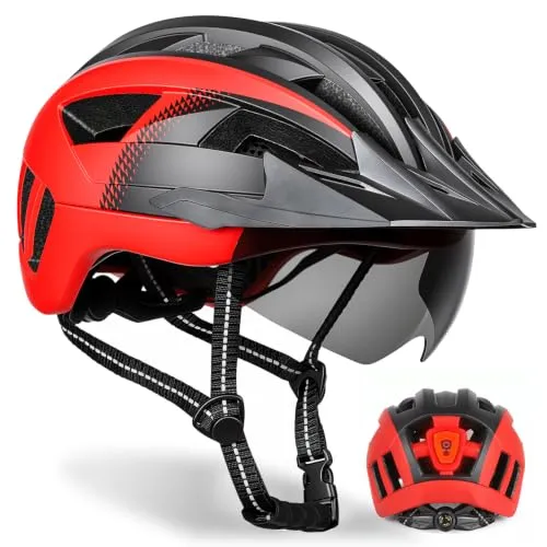 VICTGOAL Fahrradhelm Herren Damen mit Magnetbrille Visier und Rücklicht | PC- und EPS-Schutz, 6 Leuchtmodi, 21 Belüftungsöffnungen, leicht, verstellbare Größe M/L/XL, Straße/Mountainbike/Pendler