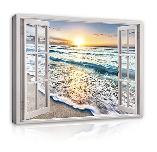 WallArena Leinwandbild - Fensterblick Strand Meer Landschaft 100x75 cm - Stilvolles Leinwandbild in 100x75 cm, ideal für Wohnzimmer und Schlafzimmer. Mit beeindruckender Farbtiefe und sofortiger Aufhängemöglichkeit bringt es harmonische Akzente in jeden Raum.