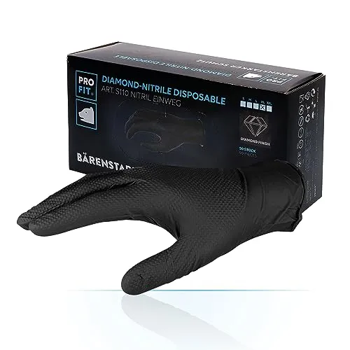 PRO FIT Nitril-Einweghandschuh 50er Pack – Premium Montagehandschuhe, Chemikalienschutzhandschuhe, Diamant-Muster, Latexfrei & ungepudert - 24cm, Schwarz, Gr. L