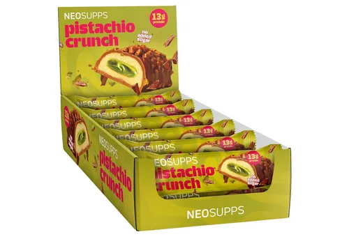 Neosupps Proteinriegel Pistazien Crunch, 12 Stück, 13g Protein pro Riegel - Neosupps Proteinriegel – der köstliche Snack für alle, die auf eine ausgewogene Ernährung achten. Mit 13g Protein pro Riegel und nur 2g Zucker bietet er ein großartiges Geschmackserlebnis und ist ideal für unterwegs. Perfekt für den kleinen Hunger!