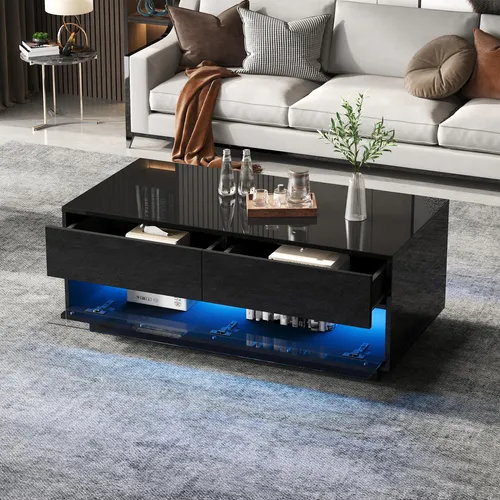 okwish Hochglanz-Couchtisch Beistelltisch mit 2 Schubladen und Bluetooth-LED-Lichtleiste,Sofatisch mit Glas-Schallwand und Stauraum,Schwarz