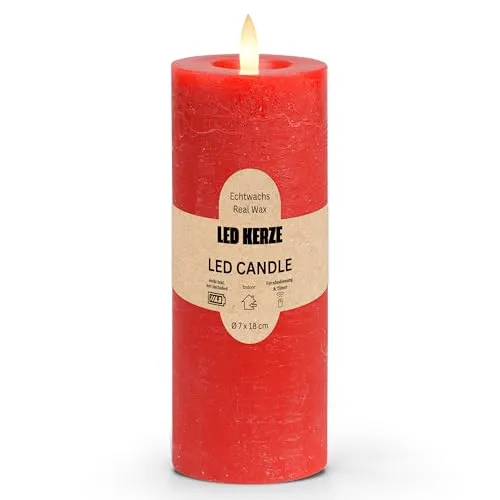 LED Stumpenkerze aus Echtwachs mit Timerfunktion & Fernbedienung - Kerze realistisch flackernde Flamme warmweiß Ø 7 x 18 cm - Elektrische Wachskerze in Rot als gemütliche Tischdeko
