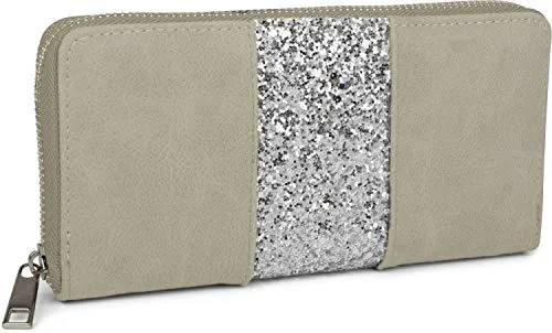 styleBREAKER Geldbörse mit umlaufendem Pailletten Streifen, Reißverschluss, Portemonnaie, Damen 02040056, Farbe:Grau