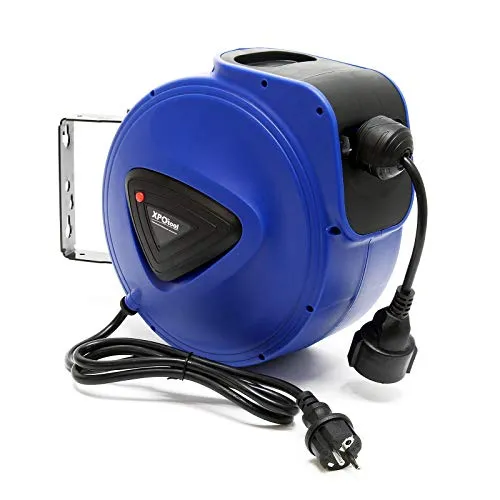 XPOtool Automatik Kabeltrommel 15 m mit Wandhalterung - Kabeltrommel für Innen- und Außenbereich, 15 m Kabellänge, 2300 Watt Belastbarkeit, inklusive einfacher Wandmontage und integrierter Kabelführung für sichere Nutzung.