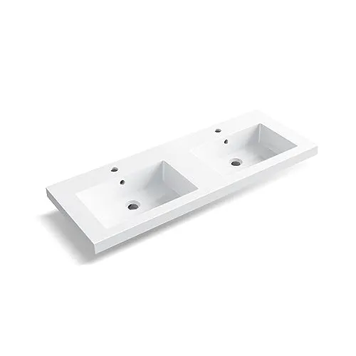 Balneo MILA Waschbecken Aufsatzwaschbecken eckig 120x46 cm doppelt mit Hahnloch, mit Überlauf, beständig, modern, beständig gegen Chemikalien, warm zum Anfassen, weiß aus Konglomerat