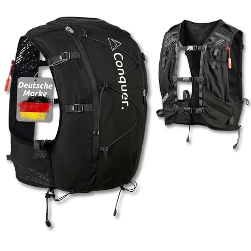 Conquer. Laufweste 15L – Ultraleichte Trinkweste für Trailrunning und Jogging - Maximale Organisation: 15 Taschen für schnellen Zugriff. Perfekte Passform durch anpassbare Gurte – für einen stabilen Sitz. Trinken ohne Stoppen dank cleverer Fächer. Ideal für Sportler, die Wert auf Funktionalität und Komfort legen.