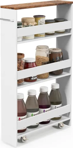 GOPLUS 13 cm breites Nischenregal mit Rollen, 4 Ebenen Regalwagen mit Griff, Küchenregal Küchenwagen schmal für Küche, Bad & Wäsche (Weiß, Braun)