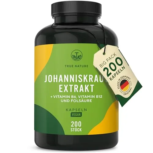 TRUE NATURE® Johanniskraut Extrakt - 200 Kapseln - Nahrungsergänzungsmittel mit 900mg Johanniskraut pro Tagesdosis, reich an natürlichem Hypericin sowie den Vitaminen B6, B12 und Folsäure zur Verringerung von Müdigkeit und Unterstützung der psychischen Funktion.