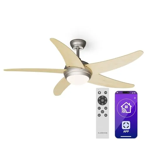 Klarstein Deckenventilator Bolero mit Beleuchtung - Ventilatoren, eleganter Deckenventilator mit 132 cm, leiser DC-Motor, smart steuerbar per App oder Sprachbefehl und energieeffizient im Betrieb.