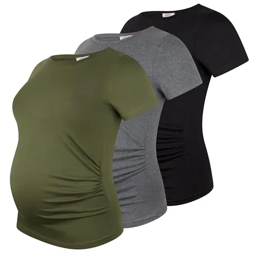 M.M.C. Umstandsshirt 3er Set – Kurzarm Umstandsmode in Schwarz, Dunkelgrau und Khaki - Klassisches 3er Set Kurzarmshirts für Schwangere, perfekt für jede Jahreszeit. Seitliche Raffungen bieten eine bequeme Passform und begleiten Sie durch alle Phasen der Schwangerschaft. Pflegeleicht und angenehm auf der Haut.