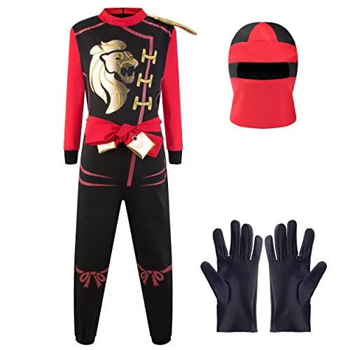 Katara Ninja Kostüm Anzug für Kinder, Größe L, Rot Schwarz - Kostüme für Kinder: Verwandeln Sie Ihr Kind in einen furchtlosen Ninja mit goldenen Drachen-Prints und einem Kampfkunst Gürtel. Ideal für Fasching und Karneval!