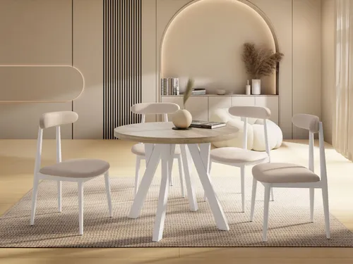 Runder Ausziehbarer Esstisch im Loft-Stil XXL – Platzsparender Tisch mit Weißen Holzbeinen - VIELSEITIGER ESSTISCH – Ideal für Alltag, Familienfeiern oder Homeoffice. Flexibel ausziehbar von 90-300 cm und mit stabilen Buche-Beinen für hohen Komfort und Langlebigkeit.