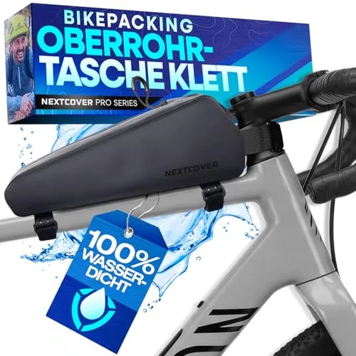 Nextcover® Bikepacking Oberrohrtasche Klett - 100% Wasserdicht & Kompakt für jede Tour - Kompakte Rahmentasche mit 1L Stauraum für Handy, Schlüssel und Multitool. Robustes TPU-Material sorgt für Langlebigkeit, während die 100% wasserdichte Konstruktion dein Equipment optimal schützt. Ideal für MTB, Gravelbike und Rennrad.
