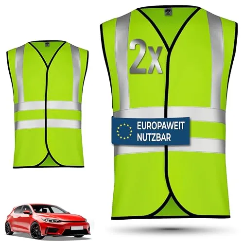 OMKA Warnwesten 2er Set Auto – Sicherheitswesten Herren & Damen nach EN ISO 20471:2026 – Reflektierende Warnwesten 360° Sichtbarkeit – Europaweit gültige Pannenwesten für PKW, KFZ & Reisen, L