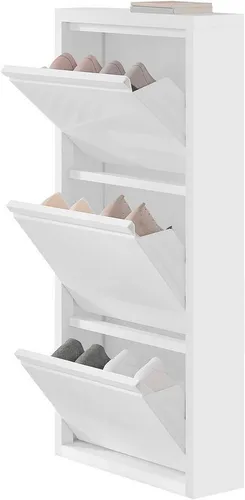 Woltu Schuhschrank mit 3 Klappen - Modernes Schuhregal aus Metall - Schuhschrank in Weiß, schmal und platzsparend, mit 3 Fächern und Magnetverschluss für sicheren Stauraum. Ideal für kleine Flure und pflegeleicht.