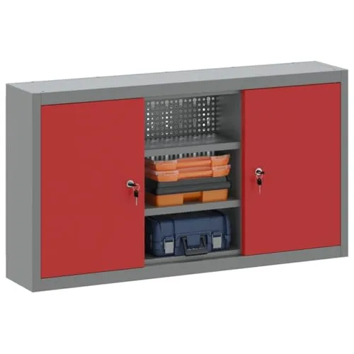 vidaXL Werkzeugbox Werkzeugschrank Rot-Grau 50x20x55 cm - Moderner Werkzeugschrank aus Stahl mit verstellbaren Regalen für optimale Ordnung. Ideal für Werkstätten und DIY-Projekte, bietet er Sicherheit durch ein Cam-Schloss und ist pflegeleicht.