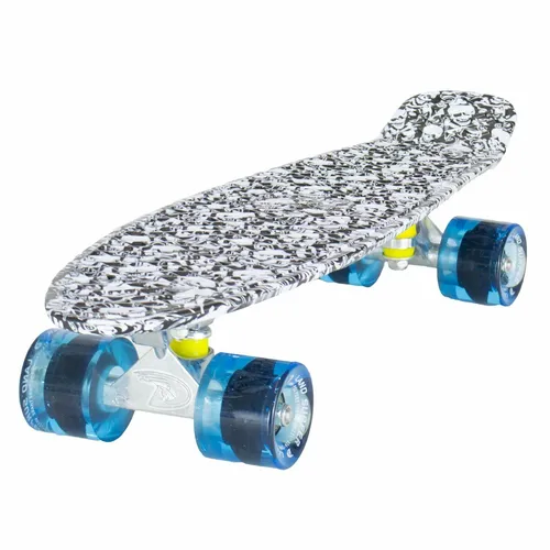 Land Surfer® Retro Cruiser, komplettes Skateboard mit 56-cm-Deck - ABEC-7-Kugellager - Farbige oder durchsichtige PU-Räder (59 mm) + Tragetasche Schwarzes (Schädel Deck/Blau Klar)