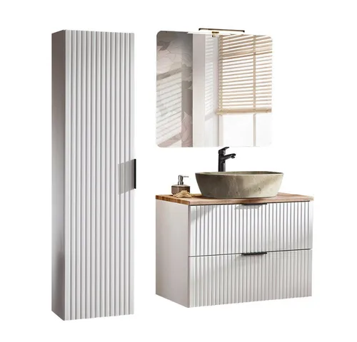 Lomadox Badezimmer Badmöbel Set matt weiß mit Eiche - Elegantes Komplettprogramm für Badezimmer mit Soft Close Auszügen und LED-Beleuchtung; hochwertig verarbeitet und FSC-zertifiziert für Nachhaltigkeit.