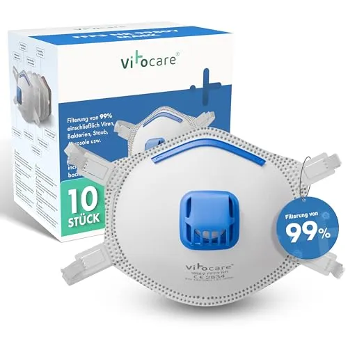 vitocare FFP3 Maske mit Ventil – 10 Stück, ergonomisch & komfortabel - Zuverlässige FFP3 Maske mit Ventil für hohen Tragekomfort. Ergonomische Form und verstellbarer Nasenbügel sorgen für optimale Passform. Ideal für vielseitige Anwendungen im Bau und DIY. Zertifizierte Qualität für Sicherheit.