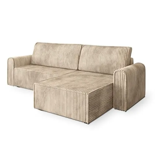 Masseno Ecksofa VALTINO T mit Schlaffunktion L-Form, Modern Sofa mit Bettkasten, Wohnzimmersofa, Couch, Soffa, Bettsofa, Couchgarnitur - Creme, TILIA 03