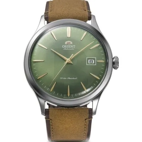 Orient Lässige Uhr RA-AC0P01E10B - Armbanduhren für Herren, elegante Retro-Optik mit ultradünnem Gehäuse und grünem Zifferblatt, mechanisches Uhrwerk für präzise Zeitmessung und stilvolles Lederband.